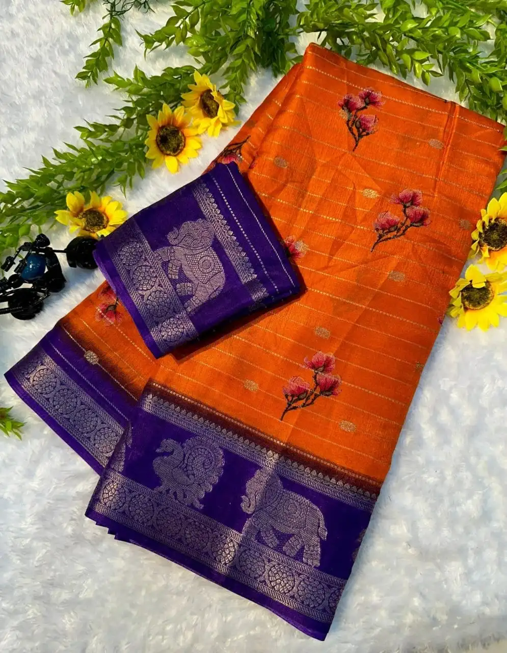 Rust Orange & Royal Purple with Elephant Temple Border and Floral Embroidery Kanchipuram Pure Silk Saree
